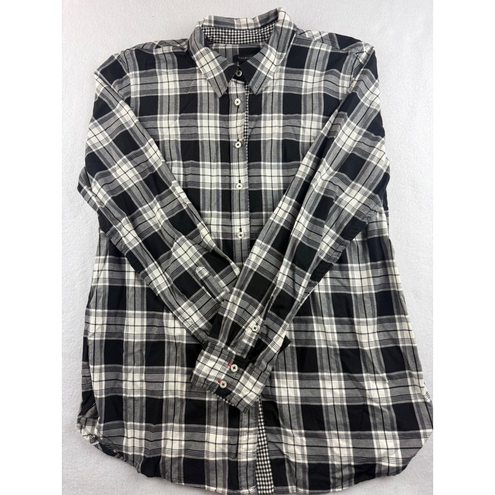 Talbots Women's Plaid Button Up Shirt Long Sleeve Black White Checkered